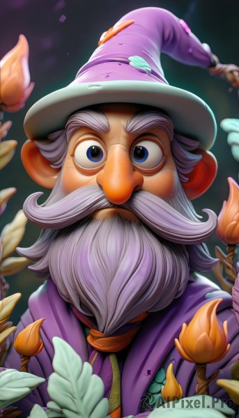 solo,looking at viewer,smile,bangs,blue eyes,1boy,hat,jacket,upper body,flower,white hair,grey hair,male focus,artist name,scarf,blurry,witch hat,blurry background,facial hair,thick eyebrows,beard,wide-eyed,mustache,purple jacket,purple headwear,mushroom,old,straight-on,old man,wizard hat,purple scarf,wizard,web address