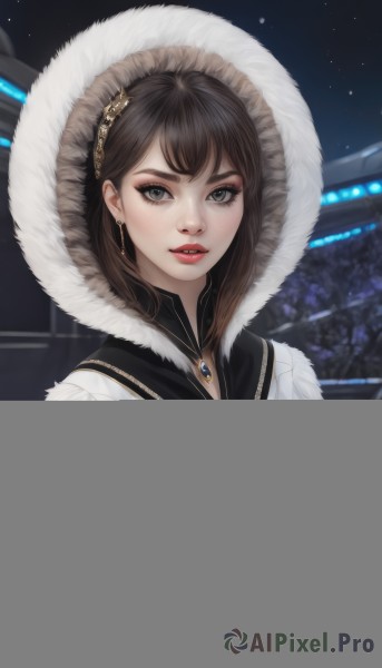 1girl,solo,breasts,looking at viewer,bangs,brown hair,black hair,hair ornament,long sleeves,dress,jewelry,upper body,earrings,parted lips,sky,artist name,hood,white dress,black eyes,lips,coat,grey eyes,fur trim,makeup,night,watermark,lipstick,brooch,gem,star (sky),eyeshadow,hood up,nose,white coat,red lips,eyeliner,fur-trimmed hood,parka,short hair,outdoors,necklace,eyelashes