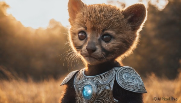 solo,looking at viewer,brown eyes,jewelry,closed mouth,upper body,outdoors,armor,blurry,no humans,blurry background,animal,cat,shoulder armor,gem,pauldrons,realistic,animal focus,whiskers,fantasy