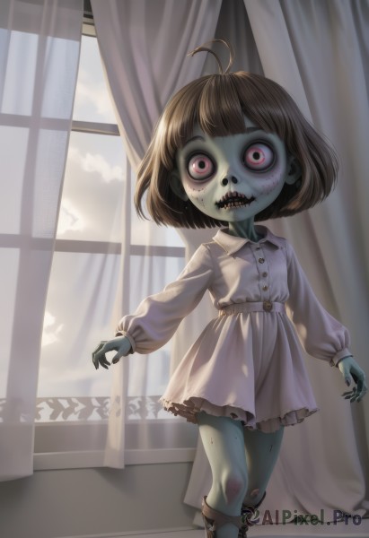 1girl,solo,looking at viewer,short hair,open mouth,bangs,brown hair,red eyes,long sleeves,dress,standing,boots,sky,teeth,cloud,indoors,pink eyes,white dress,window,blood,buttons,colored skin,antenna hair,sharp teeth,curtains,child,puffy long sleeves,collared dress,female child,stitches,zombie,horror (theme),ahoge,puffy sleeves,saliva,brown footwear,knee boots,blue skin