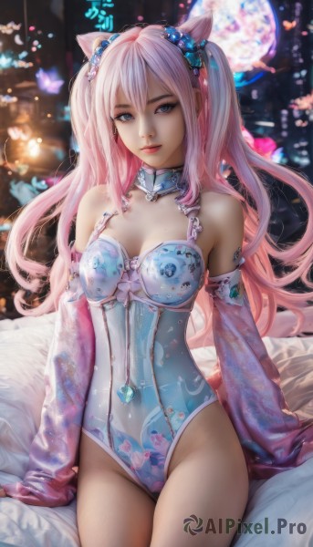 1girl,solo,long hair,breasts,looking at viewer,smile,bangs,blue eyes,hair ornament,gloves,cleavage,bare shoulders,twintails,medium breasts,sitting,pink hair,pantyhose,multicolored hair,detached sleeves,mole,blurry,two-tone hair,leotard,two side up,lips,see-through,makeup,detached collar,blurry background,blue leotard,cone hair bun,animal ears,hair between eyes,closed mouth,thighs,cowboy shot,small breasts,choker,artist name,indoors,cat ears,signature,arm support,watermark,highleg,highleg leotard,legs together,pink lips,realistic