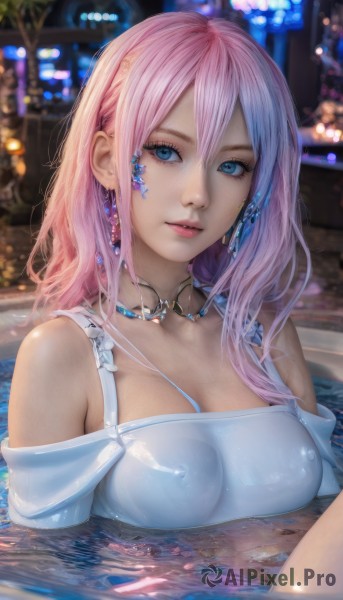 1girl,solo,long hair,breasts,looking at viewer,bangs,blue eyes,large breasts,dress,cleavage,hair between eyes,bare shoulders,jewelry,medium breasts,collarbone,upper body,pink hair,multicolored hair,earrings,parted lips,water,necklace,off shoulder,blurry,covered nipples,lips,wet,makeup,blurry background,partially submerged,realistic,shirt,white shirt,see-through,eyelashes,wet clothes,off-shoulder shirt