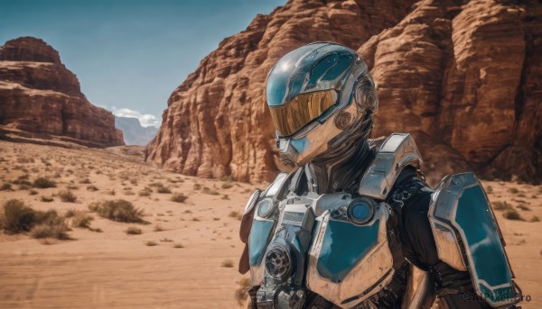 solo,1boy,upper body,male focus,outdoors,sky,day,armor,blue sky,military,no humans,helmet,robot,mecha,science fiction,mountain,realistic,power armor,desert,1girl,cloud,1other,dirty,looking ahead,dust,humanoid robot