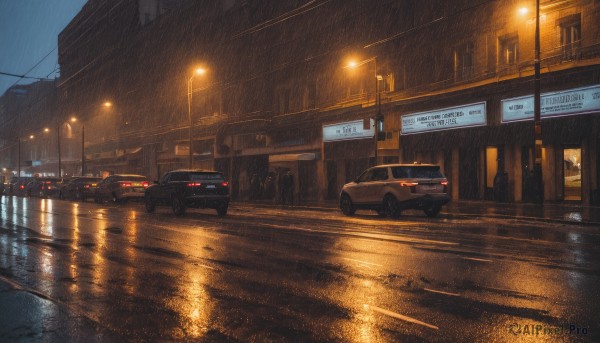 outdoors,sky,water,dutch angle,no humans,night,ground vehicle,building,night sky,scenery,motor vehicle,reflection,rain,city,sign,car,light,road,bridge,vehicle focus,power lines,lamppost,street,road sign,puddle,lights,sports car,real world location,cloud,window,dark,utility pole,evening,vanishing point,sidewalk