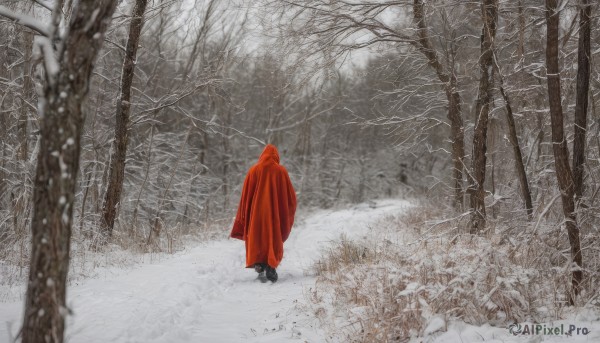 solo,1boy,standing,male focus,boots,outdoors,hood,from behind,cape,blurry,tree,nature,scenery,cloak,snow,hood up,forest,snowing,winter,hooded cloak,bare tree,ambiguous gender,red cloak,walking