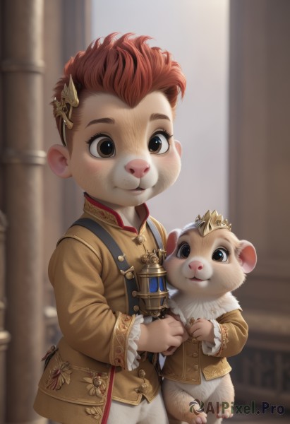 solo,looking at viewer,smile,short hair,brown hair,hair ornament,long sleeves,1boy,holding,brown eyes,closed mouth,standing,jacket,male focus,red hair,indoors,blurry,blurry background,animal,stuffed toy,crown,child,furry,freckles,brown jacket,male child,blush,animal ears,mouse