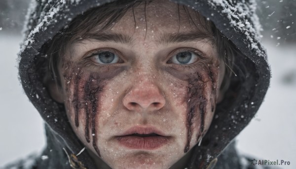 solo,looking at viewer,short hair,blue eyes,brown hair,black hair,1boy,closed mouth,male focus,outdoors,parted lips,hood,blurry,lips,grey eyes,blurry background,portrait,snow,close-up,hood up,snowing,realistic,nose,winter,straight-on,black eyes,scar,scar on face