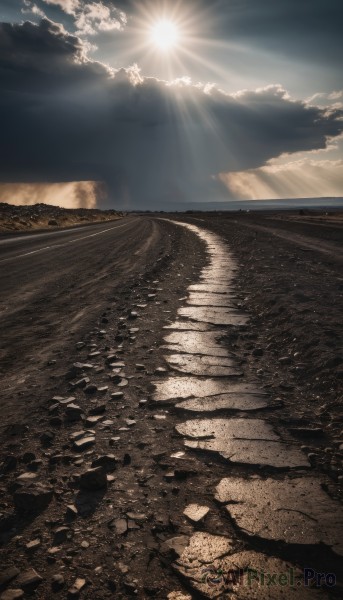 outdoors,sky,day,cloud,water,tree,no humans,bird,ocean,sunlight,cloudy sky,scenery,reflection,sunset,light rays,mountain,sun,horizon,road,sunbeam,landscape,blue sky,shadow,rock