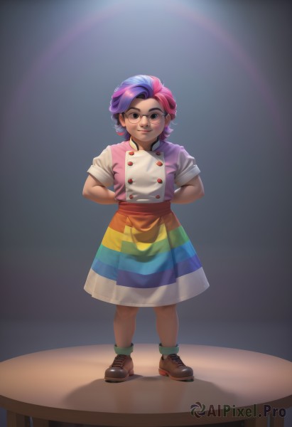 1girl,solo,looking at viewer,smile,short hair,skirt,simple background,shirt,closed mouth,standing,full body,pink hair,purple hair,short sleeves,multicolored hair,shoes,glasses,socks,black eyes,two-tone hair,lips,buttons,shadow,brown footwear,arms behind back,table,aged down,child,multicolored clothes,personification,black-framed eyewear,round eyewear,female child,ankle boots,multicolored dress,multicolored skirt,multicolored shirt,blue eyes,dress,green eyes,blue hair,teeth,artist name,apron,watermark,web address,freckles