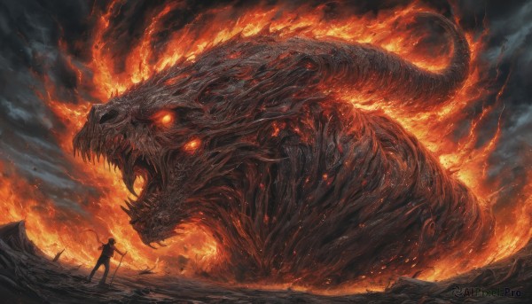 A male amidst a vivid fiery outdoors
