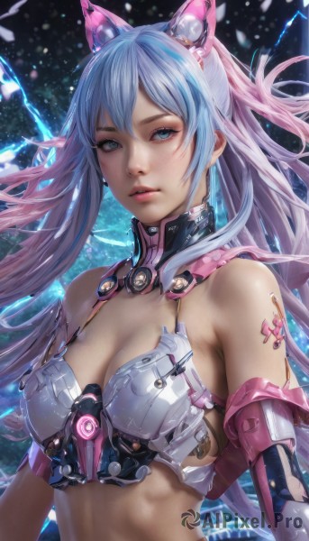 1girl,solo,long hair,breasts,looking at viewer,bangs,blue eyes,navel,animal ears,cleavage,hair between eyes,bare shoulders,medium breasts,blue hair,upper body,pink hair,multicolored hair,parted lips,midriff,cat ears,lips,floating hair,fake animal ears,realistic,nose,mechanical ears,gloves,elbow gloves,headgear,freckles,science fiction