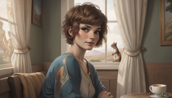 1girl,solo,looking at viewer,short hair,brown hair,shirt,brown eyes,jewelry,sitting,upper body,nude,earrings,parted lips,indoors,cup,lips,window,bird,animal,chair,table,curtains,messy hair,freckles,teacup,realistic,nose,photo (object),painting (object),squirrel,open window,breasts,blush,bangs,short sleeves,day,crossed arms,cat,couch,tea,saucer,coffee