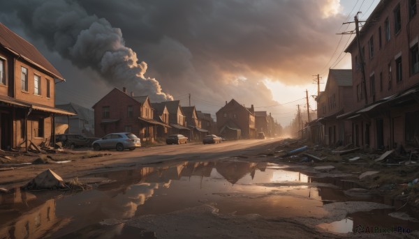 outdoors,sky,day,cloud,water,tree,no humans,window,cloudy sky,ground vehicle,building,scenery,motor vehicle,smoke,reflection,sunset,car,road,ruins,house,power lines,street,utility pole,puddle,truck,broken window,sunlight,debris