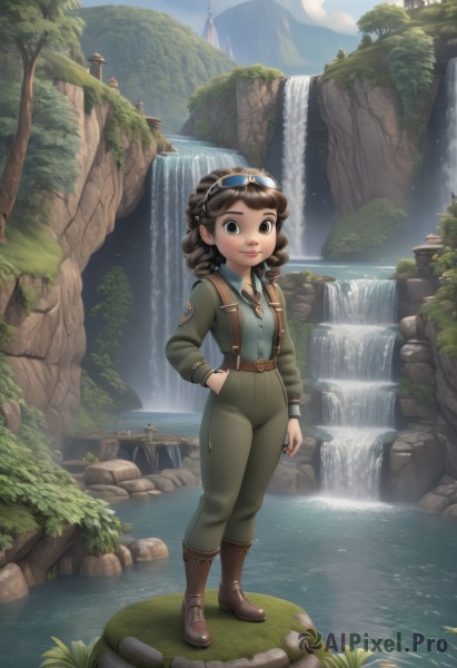 1girl,solo,looking at viewer,smile,short hair,brown hair,shirt,long sleeves,brown eyes,closed mouth,standing,full body,boots,outdoors,sky,day,belt,pants,water,black eyes,tree,lips,brown footwear,drill hair,suspenders,goggles,nature,scenery,goggles on head,hand in pocket,rock,waterfall,cliff,fountain,breasts,bangs,necktie,solo focus,collared shirt,cloud,uniform,vest,blue sky,hand on hip,black necktie,eyewear on head,pocket,green pants