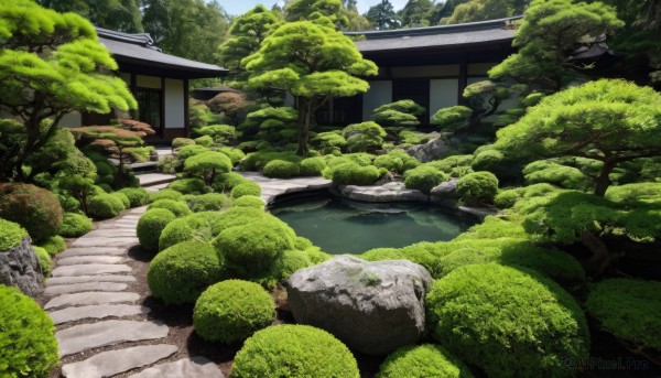 outdoors,day,water,tree,no humans,grass,building,nature,scenery,forest,rock,stairs,bush,architecture,east asian architecture,shrine,moss,real world location,sky,blue sky,plant,house,river,stone,pond