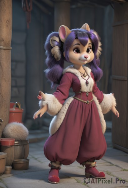 1girl,solo,long hair,looking at viewer,smile,bangs,hair ornament,long sleeves,animal ears,twintails,brown eyes,jewelry,closed mouth,standing,full body,purple hair,boots,outdoors,belt,pants,necklace,nail polish,blurry,fur trim,blurry background,red footwear,red nails,furry,pendant,furry female,body fur,white fur,animal nose,snout,baggy pants,barrel,puffy pants,dress,tail,shoes,artist name,flat chest,coat,fingernails,watermark,freckles,bucket,brown fur