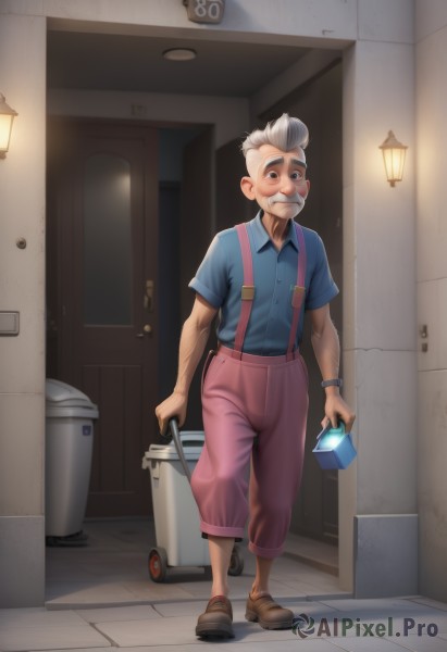 solo,short hair,shirt,1boy,holding,standing,full body,white hair,short sleeves,grey hair,male focus,multicolored hair,shoes,shorts,collared shirt,pants,indoors,black eyes,facial hair,brown footwear,suspenders,blue shirt,watch,mustache,door,bucket,old,old man,looking at viewer,smile,artist name,watermark,thick eyebrows,web address,walking,realistic,suitcase,polo shirt,luggage,rolling suitcase