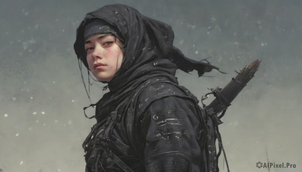 1girl,solo,looking at viewer,black hair,closed mouth,upper body,weapon,sword,hood,grey background,black eyes,from side,lips,sheath,snow,hood up,sheathed,snowing,realistic,weapon on back,short hair,outdoors,gun,looking to the side,portrait,rifle,rain,dirty,dirty face