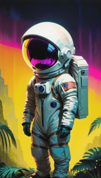 solo,gloves,standing,full body,bag,tree,backpack,helmet,plant,1other,science fiction,ambiguous gender,american flag,spacesuit,japanese flag,space helmet,astronaut,black gloves,signature,flag print,covered face