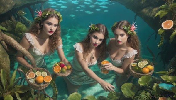 long hair,breasts,looking at viewer,smile,multiple girls,large breasts,brown hair,hair ornament,dress,holding,cleavage,bare shoulders,brown eyes,jewelry,medium breasts,flower,small breasts,food,sleeveless,hair flower,3girls,water,necklace,tree,lips,makeup,fruit,sleeveless dress,leaf,from above,plant,lipstick,monster girl,nature,wading,partially submerged,fish,basket,head wreath,mushroom,grapes,orange (fruit),lily pad,blue eyes,closed mouth,standing,collarbone,braid,outdoors,white dress,pendant,bowl,curly hair,green dress,realistic,red lips,egg,lemon,holding basket,aqua dress,pineapple