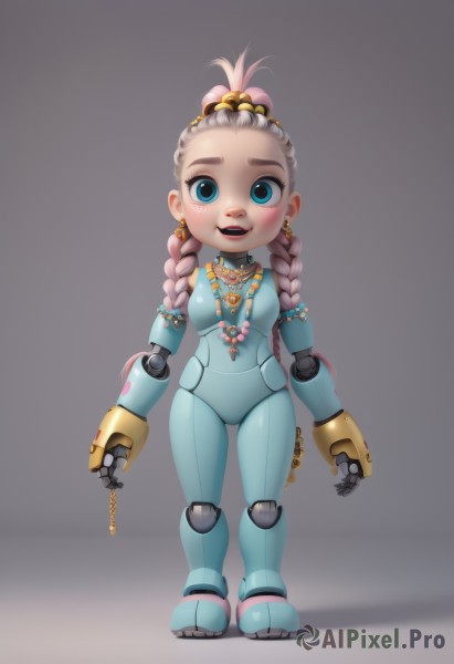 1girl,solo,long hair,breasts,looking at viewer,blush,smile,open mouth,blue eyes,simple background,jewelry,standing,full body,pink hair,braid,:d,multicolored hair,earrings,small breasts,teeth,grey background,necklace,twin braids,bodysuit,chain,upper teeth only,robot,arms at sides,female child,joints,doll joints,robot joints,hair ornament,twintails,boots,two-tone hair,lips,gradient hair,makeup,piercing,hair bobbles,freckles,hair tie,key,pigeon-toed,topknot,pearl necklace