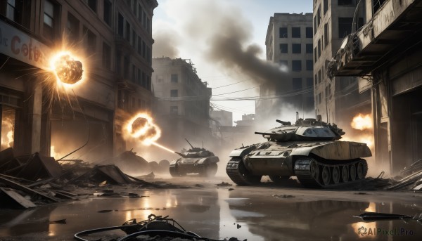 HQ,weapon,outdoors,sky,day,cloud,water,military,no humans,fire,ground vehicle,building,scenery,motor vehicle,smoke,reflection,city,military vehicle,car,battle,explosion,ruins,tank,vehicle focus,firing,debris,caterpillar tracks,destruction,signature,emblem