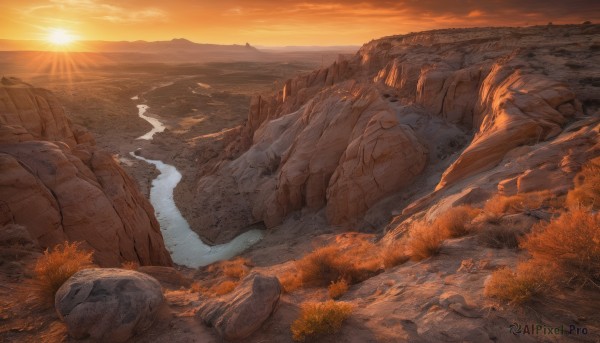 outdoors,sky,cloud,water,tree,no humans,sunlight,nature,scenery,sunset,rock,mountain,sun,river,waterfall,landscape,orange sky,orange theme,cliff,ocean,horizon