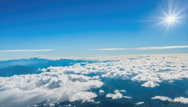 outdoors,sky,day,cloud,blue sky,no humans,sunlight,scenery,blue theme,mountain,sun,horizon,landscape,above clouds,ocean