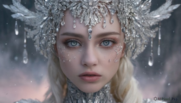 1girl,solo,long hair,looking at viewer,blue eyes,blonde hair,hair ornament,jewelry,braid,parted lips,artist name,blurry,lips,grey eyes,eyelashes,depth of field,blurry background,feathers,gem,portrait,close-up,freckles,realistic,red lips,grey hair,expressionless,nose,feather hair ornament