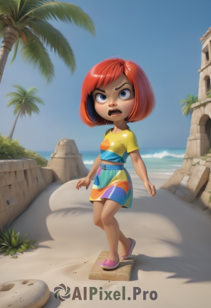 1girl,solo,breasts,short hair,open mouth,bangs,blue eyes,skirt,shirt,dress,standing,full body,short sleeves,red hair,multicolored hair,small breasts,outdoors,sky,shoes,teeth,day,striped,artist name,cloud,signature,water,orange hair,tree,blue sky,shadow,ocean,watermark,beach,bob cut,child,multicolored clothes,walking,wide-eyed,sand,palm tree,female child,constricted pupils,multicolored dress,no socks,multicolored skirt,belt,lips,sandals,looking up,t-shirt,yellow shirt,nose,flip-flops