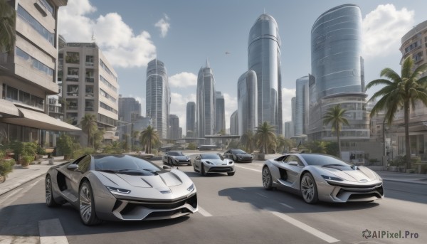 outdoors,sky,day,cloud,tree,blue sky,no humans,shadow,cloudy sky,ground vehicle,building,scenery,motor vehicle,city,aircraft,palm tree,car,road,cityscape,vehicle focus,lamppost,street,skyscraper,sports car,crosswalk,real world location