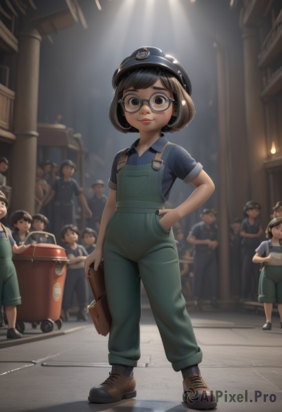 1girl,looking at viewer,smile,short hair,bangs,multiple girls,brown hair,shirt,black hair,hat,holding,brown eyes,closed mouth,standing,full body,short sleeves,boots,multiple boys,shoes,glasses,solo focus,collared shirt,pants,artist name,indoors,black footwear,blurry,uniform,black eyes,lips,brown footwear,suspenders,blue shirt,child,blue headwear,walking,6+boys,hand in pocket,round eyewear,female child,overalls,police,police uniform,police hat,hand on hip,6+girls,black-framed eyewear,crowd