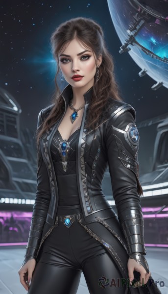 1girl,solo,long hair,breasts,looking at viewer,brown hair,long sleeves,cleavage,brown eyes,jewelry,medium breasts,standing,jacket,cowboy shot,earrings,open clothes,belt,pants,necklace,nail polish,open jacket,lips,black jacket,grey eyes,bodysuit,makeup,wavy hair,black pants,ring,lipstick,gem,star (sky),black nails,pendant,eyeshadow,science fiction,realistic,nose,red lips,eyeliner,space,leather,planet,sky,artist name,night,starry sky,spacecraft