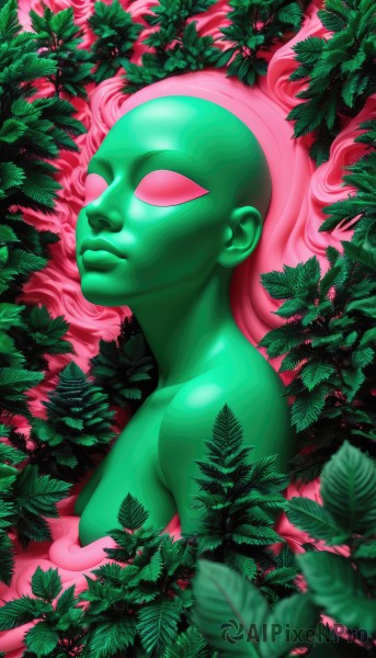 1girl,solo,long hair,breasts,medium breasts,closed mouth,upper body,pink hair,nude,from side,lips,colored skin,leaf,watermark,plant,web address,green skin,no pupils,green theme,pink skin,closed eyes,bald,alien,plant girl