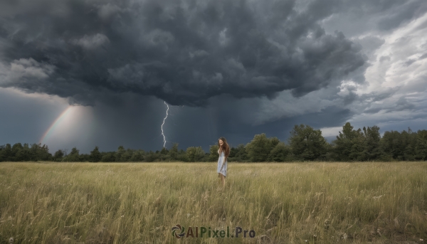 1girl,solo,long hair,brown hair,dress,standing,outdoors,sky,day,cloud,signature,white dress,tree,cloudy sky,grass,nature,scenery,forest,field,wide shot,black hair,holding,sleeveless,from side,profile,sleeveless dress,sunlight,rain,sundress,rainbow,flower field,lightning