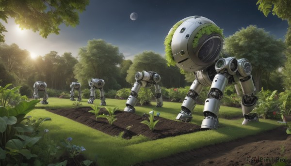 flower,outdoors,sky,tree,no humans,night,moon,grass,plant,robot,star (sky),nature,scenery,mecha,forest,science fiction,crescent moon,non-humanoid robot,multiple boys,signature,sunlight,rock,realistic,sun