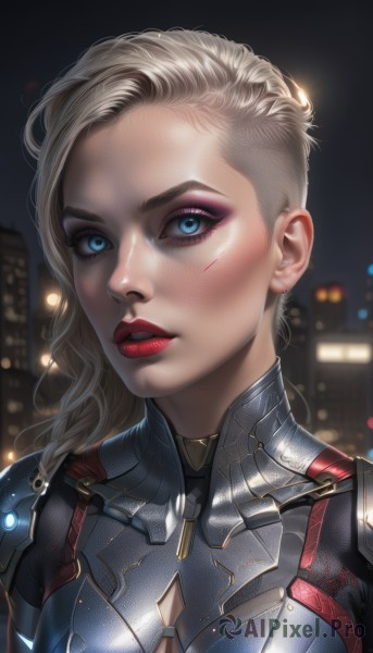 1girl,solo,long hair,breasts,looking at viewer,blue eyes,blonde hair,medium breasts,upper body,braid,outdoors,parted lips,teeth,artist name,armor,blurry,lips,clothing cutout,eyelashes,bodysuit,makeup,night,blurry background,lipstick,portrait,close-up,eyeshadow,asymmetrical hair,injury,city,red lips,eyeliner,mascara,cleavage cutout,realistic,cityscape,superhero,skyscraper,city lights