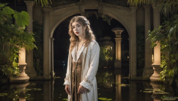 1girl,solo,long hair,looking at viewer,blue eyes,blonde hair,brown hair,hair ornament,long sleeves,dress,jewelry,closed mouth,standing,flower,cowboy shot,earrings,parted lips,indoors,water,lips,coat,sleeves past wrists,grey eyes,leaf,wavy hair,plant,scenery,curly hair,realistic,white coat,red lips,pillar,lily pad,arch,column,ivy,sunlight,fantasy