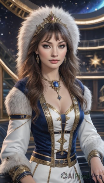 1girl,solo,long hair,breasts,looking at viewer,smile,large breasts,brown hair,long sleeves,dress,cleavage,brown eyes,jewelry,medium breasts,closed mouth,earrings,belt,necklace,star (symbol),white dress,blurry,lips,grey eyes,fur trim,blurry background,wavy hair,tiara,crown,gem,pendant,gold trim,stairs,realistic,nose,railing,red lips,blue gemstone,bangs,upper body,artist name,makeup