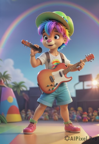 solo,smile,short hair,open mouth,shirt,1boy,hat,holding,animal ears,jewelry,blue hair,standing,full body,white shirt,pink hair,purple hair,short sleeves,male focus,multicolored hair,earrings,outdoors,sky,shoes,shorts,teeth,day,socks,artist name,blurry,black eyes,bracelet,two-tone hair,tree,blue sky,blurry background,watermark,t-shirt,instrument,child,microphone,furry,personification,blue shorts,green headwear,palm tree,music,sun,guitar,male child,playing instrument,rainbow,holding instrument,crowd,stage,rainbow hair,1girl,bangs,blue eyes,brown eyes,collarbone,cloud,hand up,flat chest,lips,depth of field,denim,red footwear,sneakers,web address,lens flare,freckles,anklet,pink footwear,bangle,overalls,mushroom,sticker