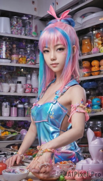 1girl,solo,long hair,breasts,looking at viewer,smile,bangs,ribbon,holding,cleavage,bare shoulders,brown eyes,jewelry,medium breasts,blue hair,upper body,pink hair,multicolored hair,small breasts,parted lips,food,artist name,indoors,hair bun,star (symbol),apron,bracelet,two-tone hair,lips,streaked hair,tattoo,fruit,facial mark,single hair bun,pink ribbon,bowl,realistic,nose,overalls,egg,shelf,orange (fruit),kitchen,jar,blue apron,blue overalls,hair ornament,swimsuit,bikini,grey eyes,watermark,ring,bottle,armband,web address,armlet,shop,onion