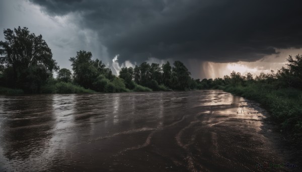 outdoors,sky,day,cloud,water,tree,no humans,sunlight,cloudy sky,grass,nature,scenery,forest,reflection,light rays,road,bush,sunbeam,river,landscape,lake