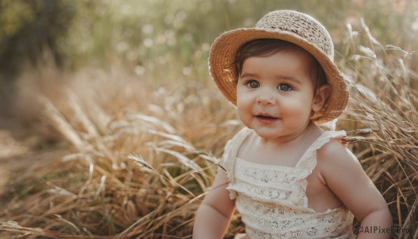 1girl,solo,looking at viewer,short hair,brown hair,hat,dress,brown eyes,upper body,outdoors,parted lips,sleeveless,white dress,blurry,sleeveless dress,blurry background,child,freckles,sun hat,realistic,straw hat,smile,open mouth,day,lace,sundress,field,wheat