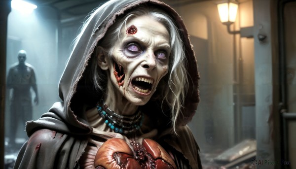 HQ,1girl,open mouth,1boy,jewelry,purple eyes,upper body,white hair,teeth,solo focus,choker,tongue,hood,necklace,collar,blood,bug,cloak,hood up,monster,door,old,grey skin,hooded cloak,lamppost,zombie,horror (theme),guro,old woman,eldritch abomination,solo,looking at viewer,black hair,blurry,fangs,third eye,pale skin,veins