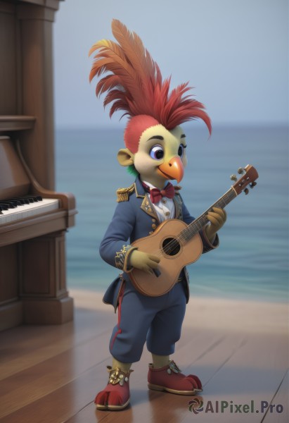 solo,smile,1boy,bow,standing,purple eyes,full body,male focus,red hair,multicolored hair,shoes,pants,bowtie,water,red bow,bird,ocean,formal,suit,feathers,red footwear,instrument,red bowtie,furry,epaulettes,music,blue pants,guitar,furry male,playing instrument,holding instrument,mohawk,blue eyes,shirt,gloves,long sleeves,holding,animal ears,jewelry,jacket,white shirt,outdoors,blurry,buttons,blurry background,shadow,blue jacket,traditional bowtie