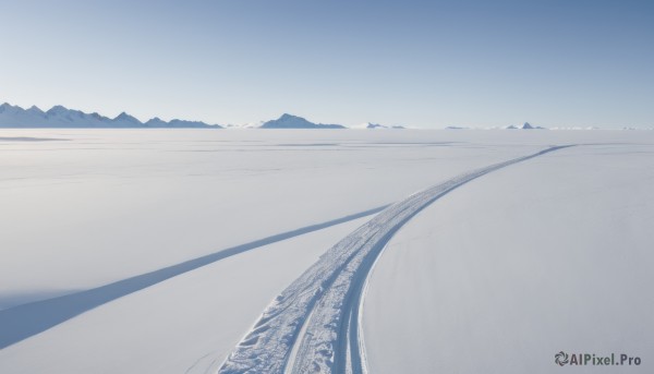 monochrome,outdoors,sky,day,water,blue sky,no humans,beach,scenery,reflection,blue theme,mountain,sand,horizon,road,river,landscape,mountainous horizon,shore,hill,nature,snow