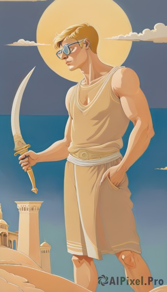 solo,blonde hair,1boy,holding,standing,weapon,male focus,outdoors,sky,glasses,sword,cloud,holding weapon,muscular,parody,holding sword,moon,sunglasses,full moon,hand in pocket,sun,statue,tunic,short hair,shorts,sleeveless,day,profile,feet out of frame,tank top,knife,sand,dagger