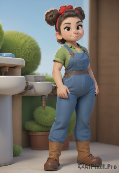 1girl,solo,looking at viewer,smile,short hair,brown hair,shirt,black hair,hair ornament,brown eyes,closed mouth,standing,full body,short sleeves,hairband,boots,outdoors,sky,day,collared shirt,belt,hair bun,blurry,blue sky,double bun,blurry background,brown footwear,plant,denim,child,pocket,green shirt,female child,potted plant,overalls,blue overalls,flower,hair flower,dark skin,tree,lips,nose,bush