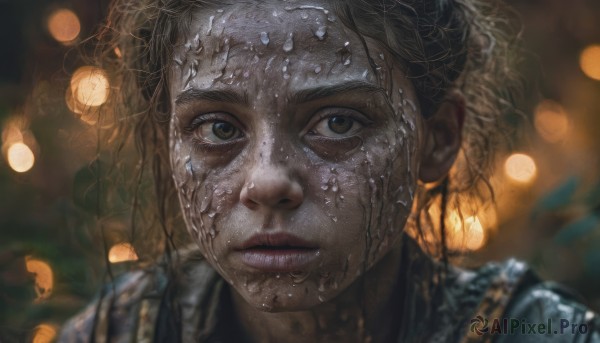 1girl,solo,looking at viewer,short hair,brown hair,brown eyes,closed mouth,dark skin,blurry,dark-skinned female,lips,wet,depth of field,blurry background,portrait,close-up,freckles,curly hair,realistic,nose,wet hair,black hair,armor,eyelashes