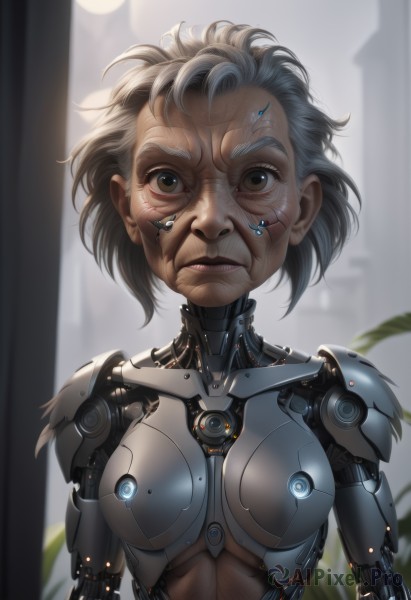 1girl,solo,breasts,looking at viewer,short hair,brown eyes,medium breasts,closed mouth,upper body,grey hair,blurry,lips,blurry background,science fiction,arms at sides,android,joints,mechanical arms,old,cyborg,robot joints,cyberpunk,mechanical parts,wrinkled skin,small breasts,glowing,robot,backlighting,realistic,nose